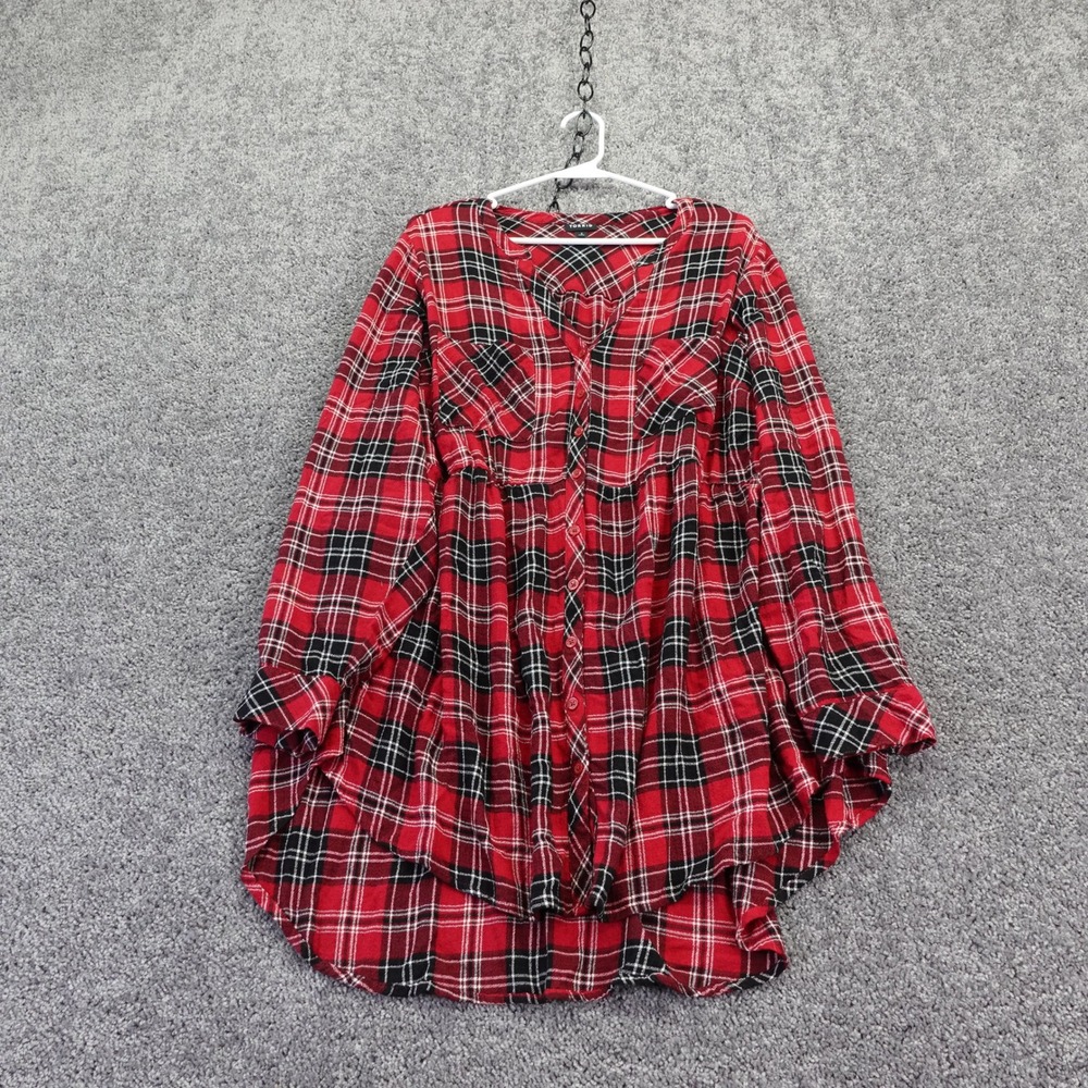 Torrid Tunic Womens 3 Red Black Plaid Babydoll Long Sleeve Button Up High Low